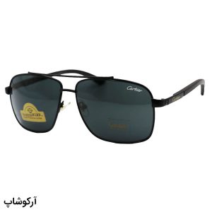 عکس از عینک آفتابی خلبانی Cartier با فریم مشکی رنگ، دسته چوبی و لنز سنگ و دودی تیره مدل 128-S62