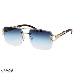 عکس از عینک آفتابی بدون فریم و مستطیلی، دسته چوبی، لنز آبی رنگ و هایلایت CARTIER مدل PO7289
