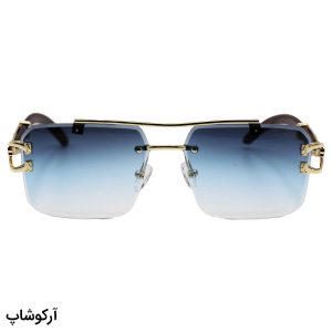عکس از عینک آفتابی بدون فریم و مستطیلی، دسته چوبی، لنز آبی رنگ و هایلایت CARTIER مدل PO7289