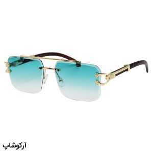 عکس از عینک آفتابی فریملس و مستطیلی، دسته چوبی، لنز آبی رنگ و هایلایت کارتیه مدل PO7289