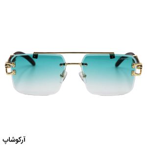 عکس از عینک آفتابی فریملس و مستطیلی، دسته چوبی، لنز آبی رنگ و هایلایت کارتیه مدل PO7289