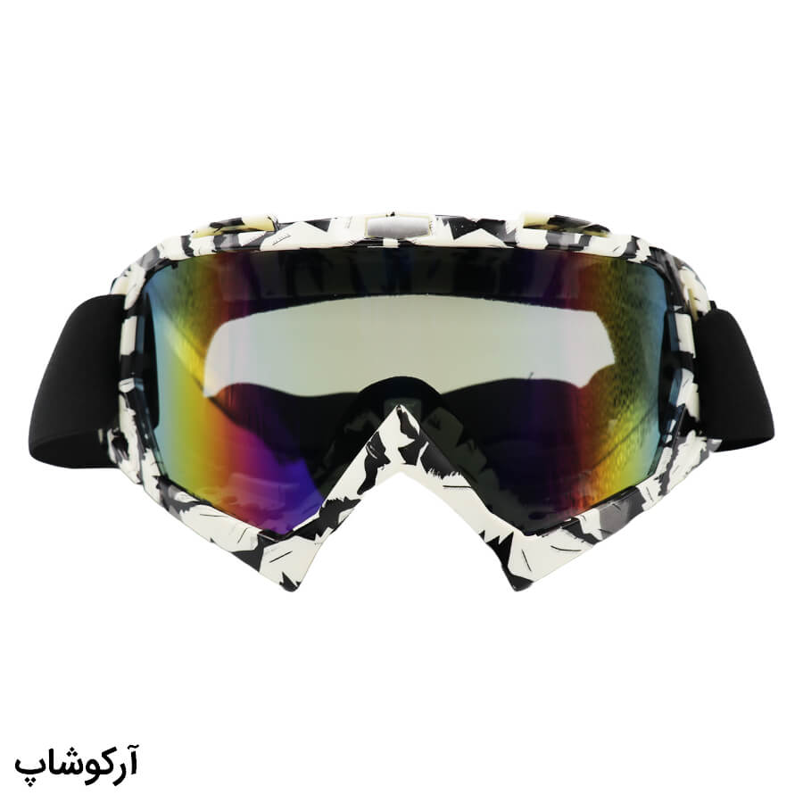Motorcycle-Glasses-Model-9927101 عکس از عینک موتور سواری با لنز آینه ای، فریم چند رنگ و بند کشی مشکی رنگ مدل 992710