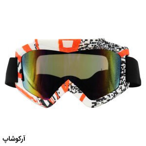 عکس از عینک موتور سواری با لنز آینه ای، فریم چند رنگ و بند کشی مشکی رنگ مدل 992711