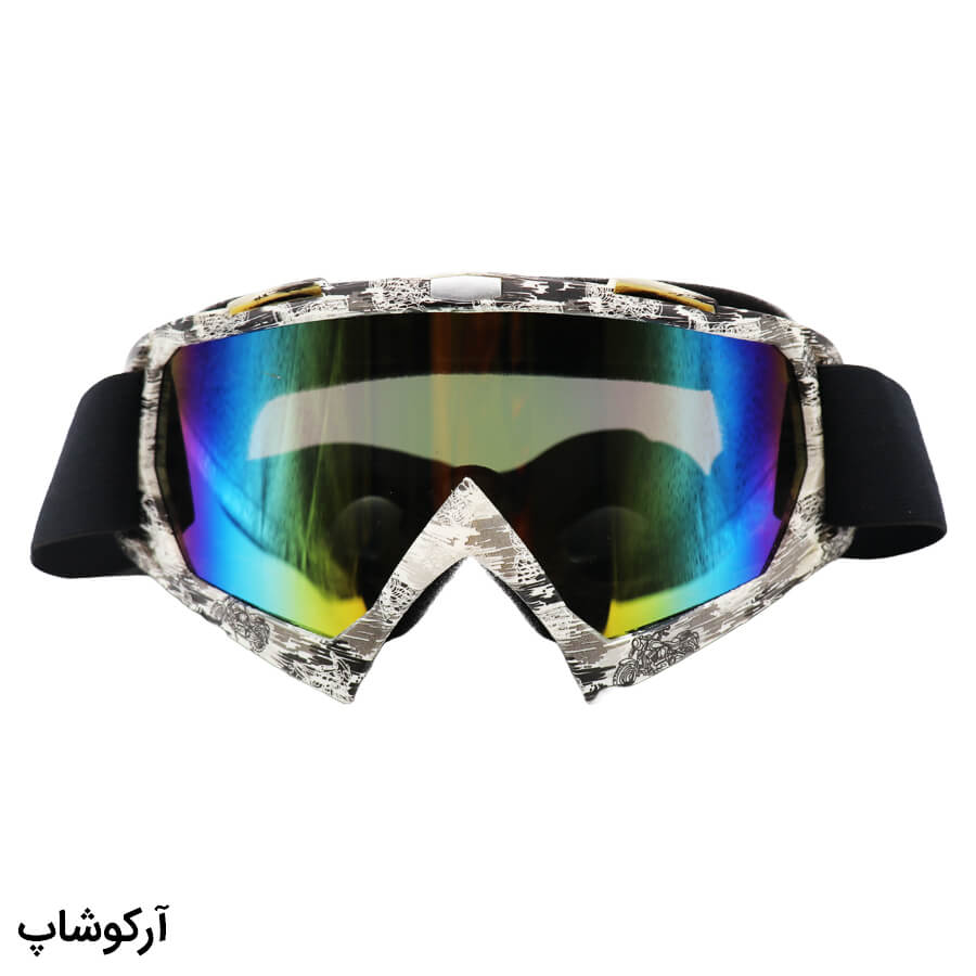 Motorcycle-Glasses-Model-992713-1 عکس از عینک موتور سواری با لنز آینه ای، فریم چند رنگ و بند کشی مشکی رنگ مدل 992713