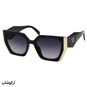 عکس از عینک آفتابی زنانه با فریم مشکی و طلایی، چشم گربه ای و لنز دودی سایه روشن PRADA مدل Y284