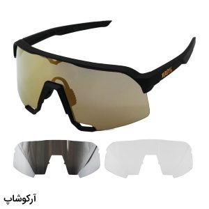 عکس از عینک ورزشی برند 100% با فریم مشکی مات، 3 کاور لنز قابل تعویض و پک اصلی مدل S8074