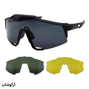 عکس از عینک ورزشی 3 کاوره با فریم و دسته رنگ مشکی مات، لنز پلاریزه و تمام تجهیزات همراه مدل 8119-C1