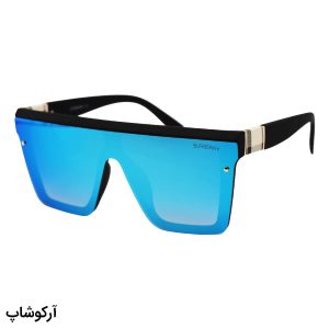 عکس از عینک آفتابی مردانه باربری با فریم مشکی مات، شکل مربعی و لنز یکسره و آینه‌ای و آبی رنگ مدل 9675