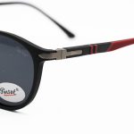عکس از عینک آفتابی پلاریزه PERSOL با فریم TR، شکل گرد، رنگ مشکی مات، دسته قرمز و لنز دودی مدل P3222