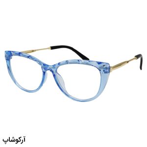 عکس از عینک مطالعه نزدیک بین با فریم رنگ آبی، گربه ای شکل و دسته طلایی مدل 206