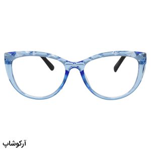 عکس از عینک مطالعه نزدیک بین با فریم رنگ آبی، گربه ای شکل و دسته طلایی مدل 206