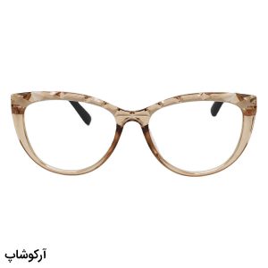 عکس از عینک مطالعه نزدیک بین با فریم رنگ عسلی، گربه ای شکل و دسته طلایی مدل 206