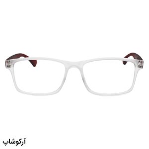 عکس از عینک مطالعه نزدیک بین با فریم شفاف، بی رنگ، مستطیلی شکل و دسته قرمز مدل KS711