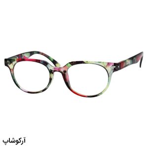 عکس از عینک مطالعه نزدیک بین با فریم سبز و صورتی، بیضی شکل و دسته فنری مدل TJ3182