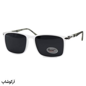 عکس از عینک آفتابی Persol با فریم مستطیلی، بی رنگ و شفاف (یخی)، دسته طوسی و لنز پلاریزه مدل P3219