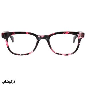 عکس از عینک مطالعه نزدیک بین با فریم مشکی و صورتی تیره و دسته فنری مدل TJ3184