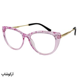 عکس از عینک مطالعه نزدیک بین با فریم رنگ صورتی، گربه ای شکل و دسته طلایی مدل 206