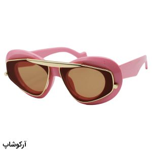 عکس از عینک آفتابی زنانه با فریم صورتی و طلایی رنگ، بیضی شکل و لنز قهوه ای تیره LOEWE مدل 0240