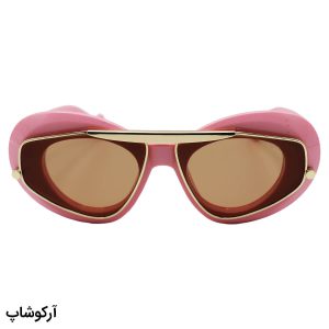 عکس از عینک آفتابی زنانه با فریم صورتی و طلایی رنگ، بیضی شکل و لنز قهوه ای تیره LOEWE مدل 0240