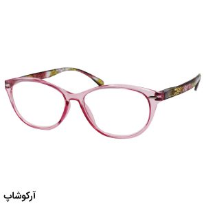 عکس از عینک مطالعه نزدیک بین با فریم صورتی، بیضی شکل و دسته چند رنگ مدل 3209