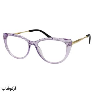 عکس از عینک مطالعه نزدیک بین با فریم رنگ بنفش، گربه ای شکل و دسته طلایی مدل 206