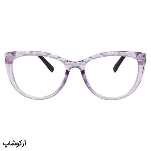 عکس از عینک مطالعه نزدیک بین با فریم رنگ بنفش، گربه ای شکل و دسته طلایی مدل 206