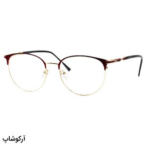 عکس از عینک طبی زنانه Chanel با فریم شکل گرد، طلایی و زرشکی و دسته فنری مدل 6023