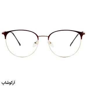 عکس از عینک طبی زنانه Chanel با فریم شکل گرد، طلایی و زرشکی و دسته فنری مدل 6023