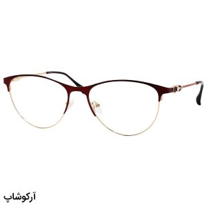 عکس از عینک طبی زنانه Chanel با فریم شکل گرد، طلایی و زرشکی، دسته طرح دار و لولا فنری مدل 6029