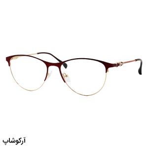 عکس از عینک طبی زنانه سواروفسکی با فریم شکل گرد، طلایی و زرشکی، دسته طرح دار و لولا فنری مدل 6029
