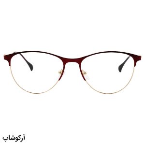 عکس از عینک طبی زنانه سواروفسکی با فریم شکل گرد، طلایی و زرشکی، دسته طرح دار و لولا فنری مدل 6029