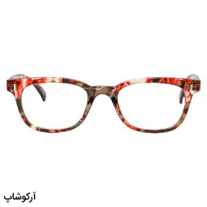عکس از عینک مطالعه نزدیک بین با فریم قرمز چند رنگ، مستطیلی و دسته فنری مدل TJ3184