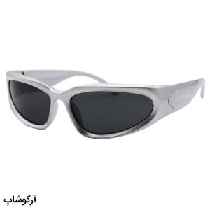 عکس از عینک آفتابی BALENCIAGA با فریم نقره ای براق، بیضی شکل و لنز دودی تیره مدل 22008