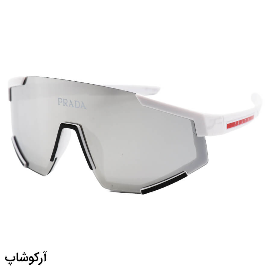 White-Frame-And-Silver-Mirror-Uv-Protection-Lens-Prada-Sunglasses-Model-23053-Ms-1 عکس از عینک ورزشی prada با فریم رنگ سفید براق، لنز آینه ای و رنگ پوششی نقره ای مدل 23053
