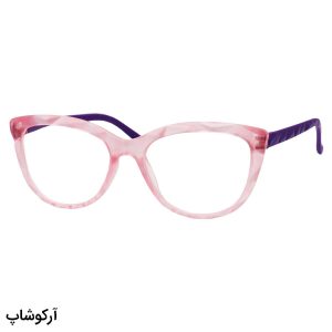 عکس از عینک مطالعه زنانه نزدیک بین با فریم گربه ای، رنگ صورتی و دسته بنفش مدل 18-9
