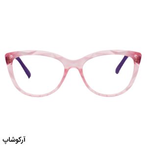 عکس از عینک مطالعه زنانه نزدیک بین با فریم گربه ای، رنگ صورتی و دسته بنفش مدل 18-9
