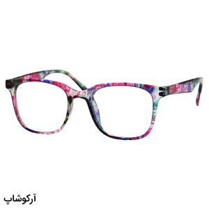عینک مطالعه نزدیک بین با فریم بنفش چند رنگ، مربعی شکل و دسته فنری مدل 23-33