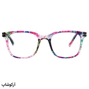 عینک مطالعه نزدیک بین با فریم بنفش چند رنگ، مربعی شکل و دسته فنری مدل 23-33