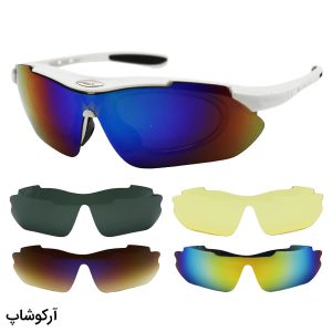 عکس از عینک ورزشی 5 کاوره با فریم طبی، فریم و دسته سفید رنگ، لنز پلاریزه و تمام تجهیزات مدل 0089-C5