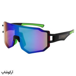 عکس از عینک آفتابی برند اوکلی با فریم و دسته مشکی و سبز رنگ و لنز آینه‌ای چند رنگ مدل BL5817
