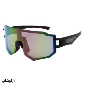 عکس از عینک آفتابی برند اوکلی با فریم و دسته مشکی و بنفش رنگ و لنز آینه‌ای چند رنگ مدل BL5817