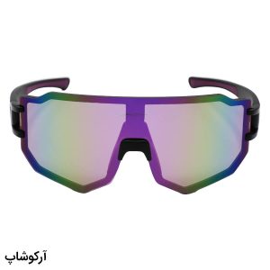 عکس از عینک آفتابی برند اوکلی با فریم و دسته مشکی و بنفش رنگ و لنز آینه‌ای چند رنگ مدل BL5817