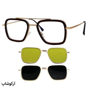 عکس از فریم عینک طبی 2 کاوره با فریم مربعی، رنگ طلایی و قهوه‌ای و از جنس آلومینیوم مدل 7701