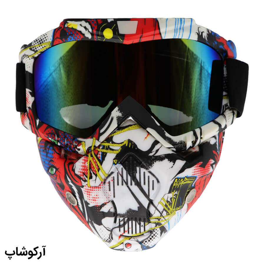 Motorcycle-Glasses-Model-992783-1 عکس از عینک موتور سواری با لنز آینه ای، فریم چند رنگ، بند کشی و تمام فیس (طرح نقاب) مدل 992783