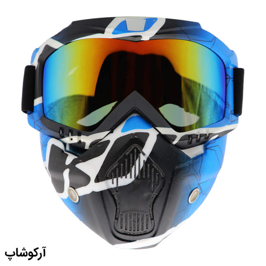 Motorcycle-Glasses-Model-992785-1 عکس از عینک موتور سواری با لنز آینه ای، فریم چند رنگ، بند کشی و تمام فیس (طرح نقاب) مدل 992785