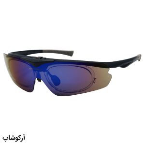 عکس از عینک ورزشی OAKLEY با فریم و دسته سرمه‌ای، لنز آینه‌ای چند رنگ و طرح لنز بالارونده مدل BL5809