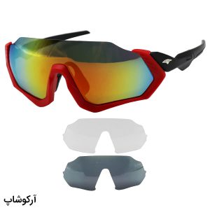 عکس از عینک ورزشی 3 کاوره با فریم قرمز رنگ، دسته مشکی، لنز پلاریزه و تجهیزات کامل مدل 9317-C8
