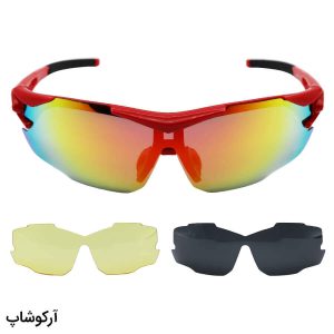 عکس از عینک ورزشی 3 کاوره با فریم قرمز رنگ، لنز پلاریزه و تجهیزات کامل مدل 9191-C12
