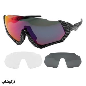 عکس از عینک ورزشی اوکلی با فریم رنگ مشکی شطرنجی، 3 کاور لنز قابل تعویض و تجهیزات کامل مدل OO9401-BN9