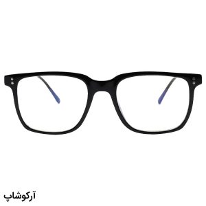 عکس از عینک با فریم مستطیلی شکل، رنگ مشکی و لنز بی‌رنگ و از جنس پلی کربنات (بلوکات) مدل 28061